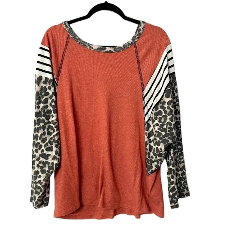 Lovely J Women's Color Block Stripe and Cheetah Long Sleeve Top Size XL GUC